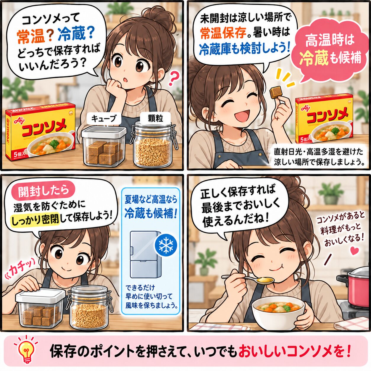 コンソメキューブの常温・冷蔵保存と湿気対策を説明する4コマ漫画