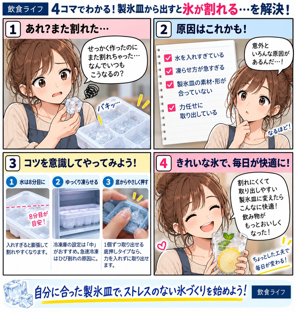 製氷皿から氷を出す時に割れる悩みの4コマ