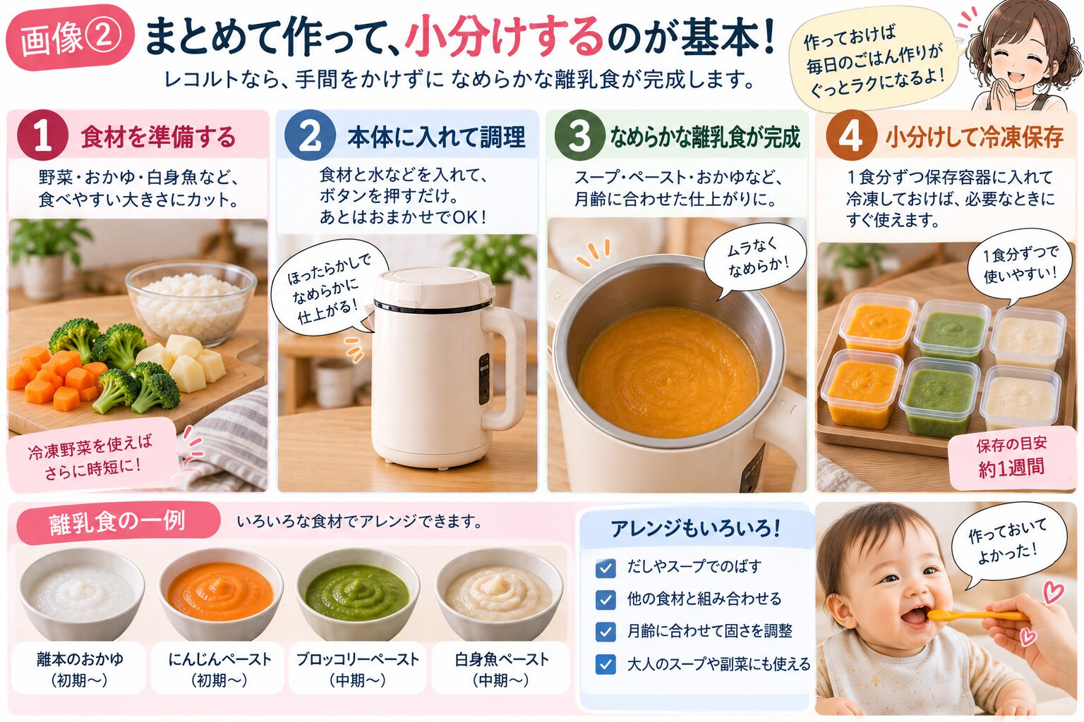 レコルトで離乳食をまとめて作って小分けする流れ