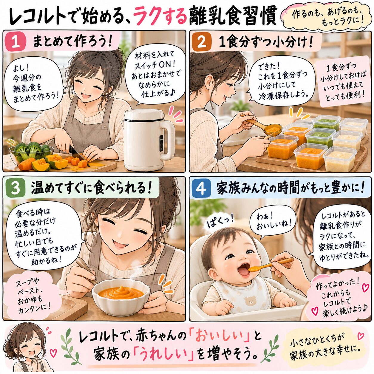 レコルトで離乳食をまとめて作って少量ずつ使う4コマ漫画