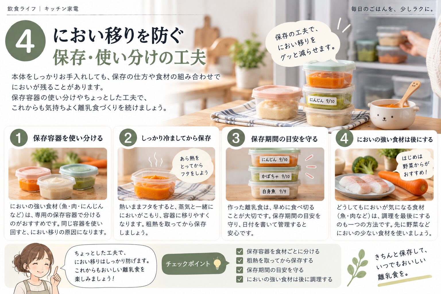 レコルト本体を洗ってもにおいが気になる時に保存容器と冷凍庫側を確認する図