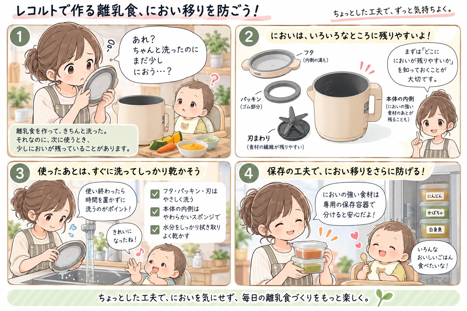 レコルトで離乳食を作った後のにおい確認とお手入れを説明する4コマ漫画