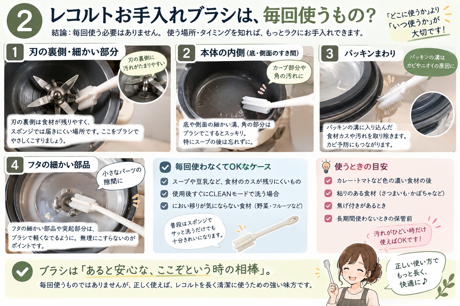 レコルトのお手入れブラシを毎回使う必要があるかを説明する図