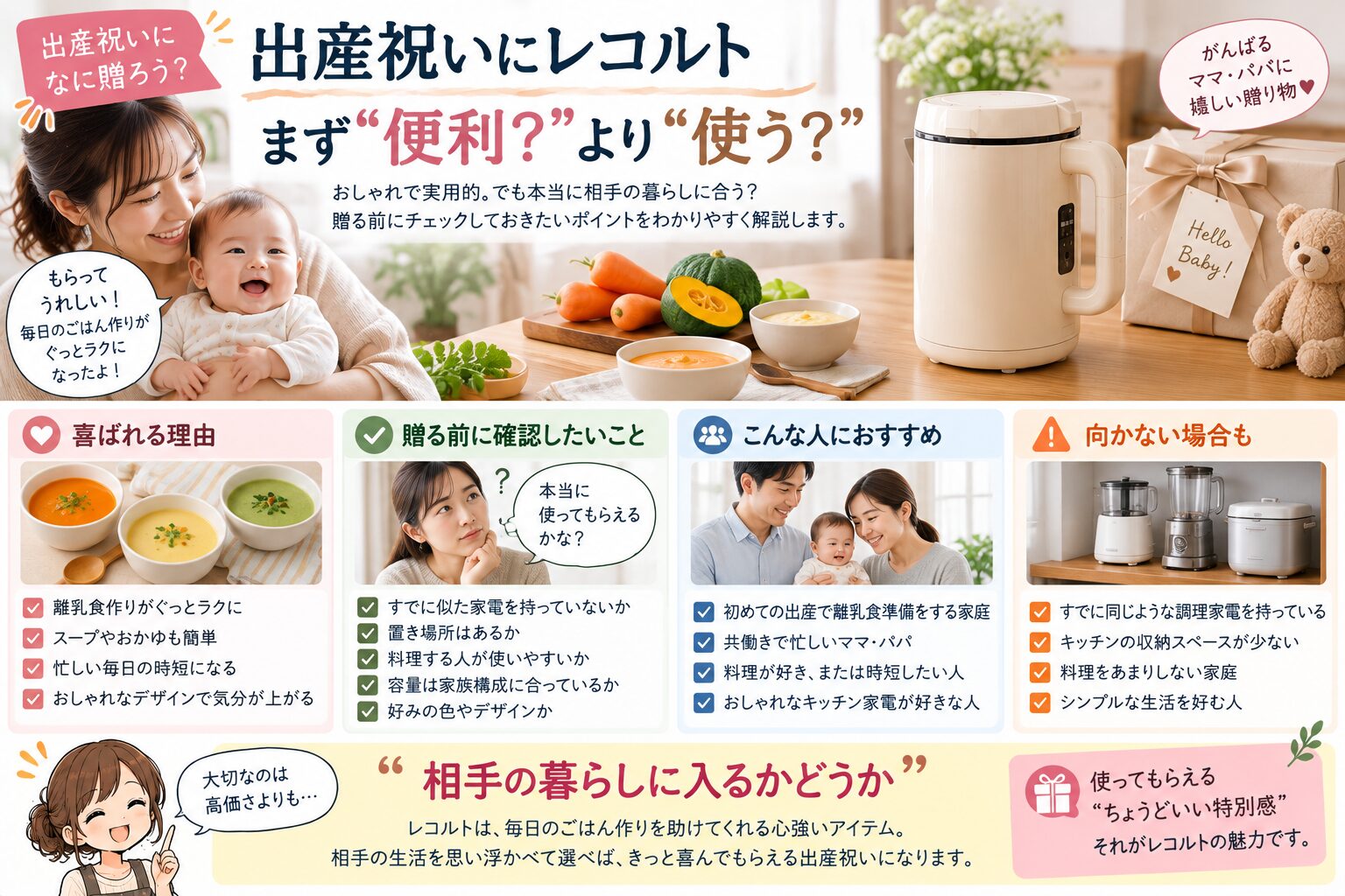 出産祝いにレコルトを贈る前に便利さと使いやすさを確認する図