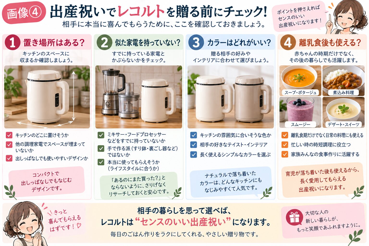 出産祝いでレコルトを贈る前に置き場所や色や使い方を確認する図