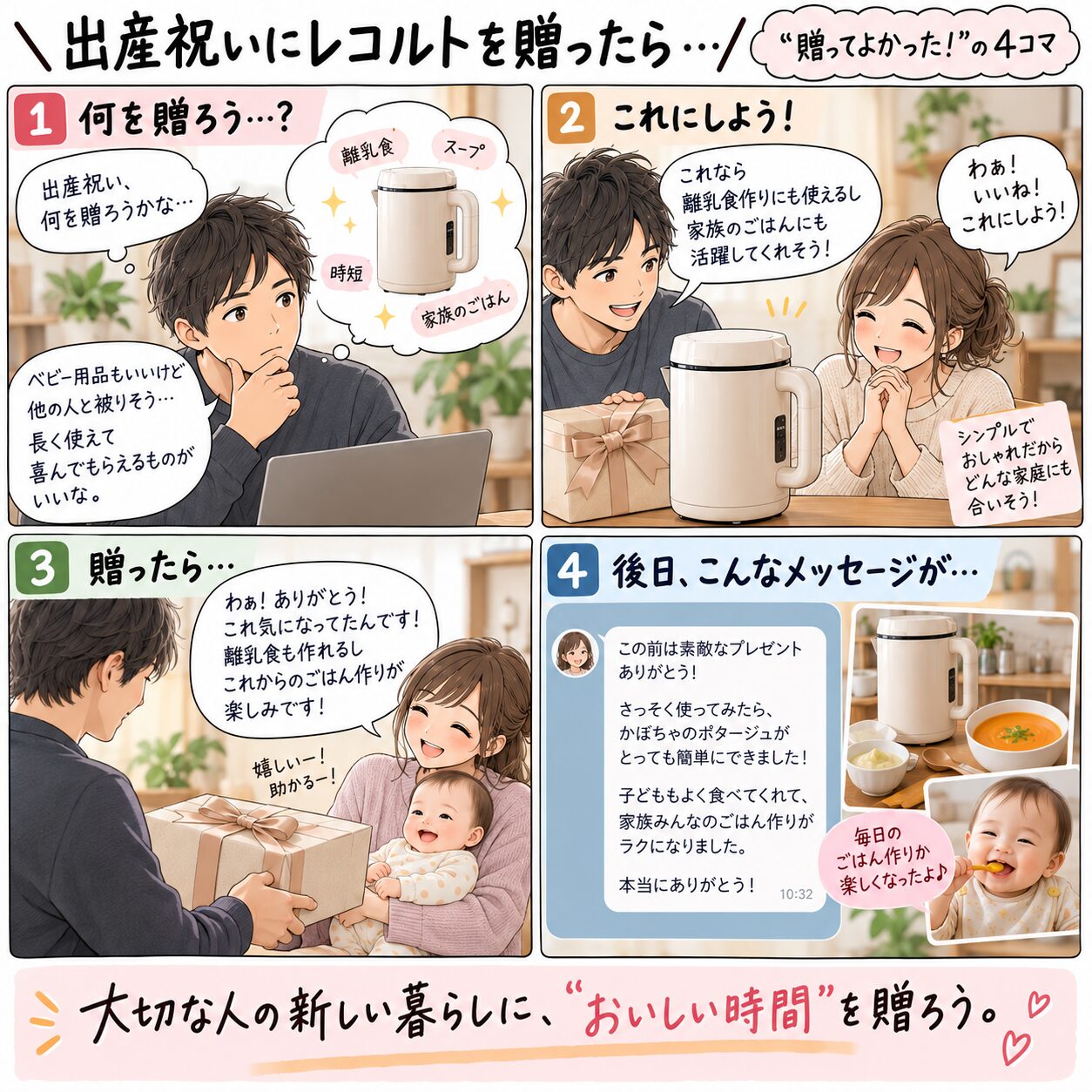 出産祝いにレコルトを贈って喜ばれる流れを描いた4コマ漫画
