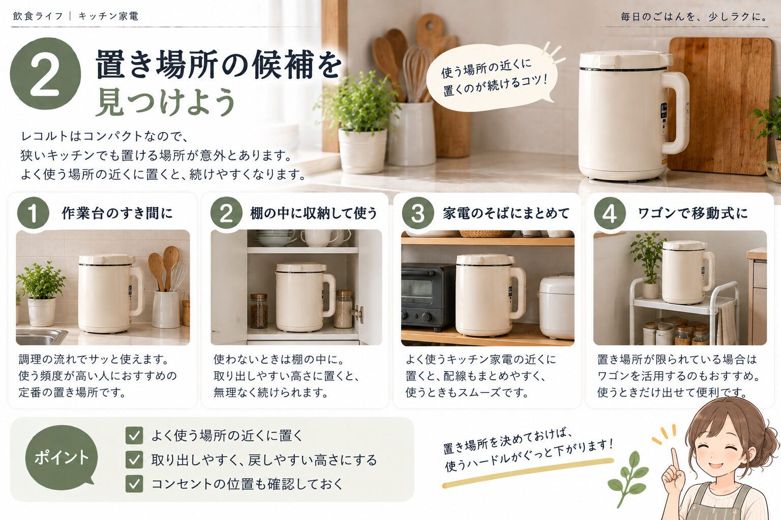 レコルトの置き場所候補を作業台や棚や家電まわりで比較する図