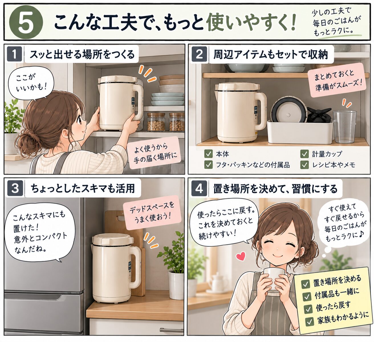 狭いキッチンでレコルトの置き場所を決める4コマ漫画