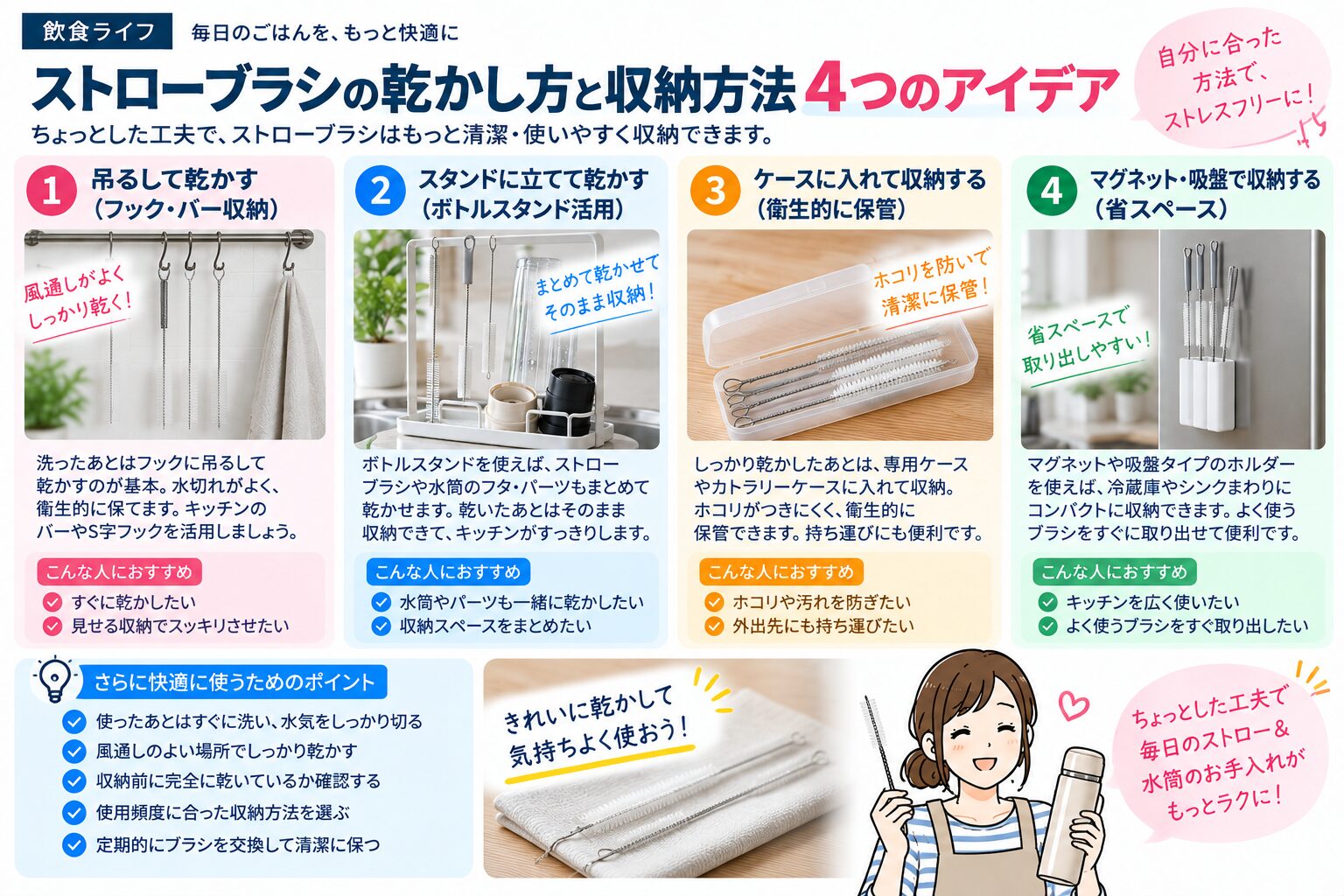 ストローブラシの置き場所を説明する4コマ漫画