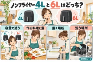 ノンフライヤー4Lと6Lはどっち？人数より一度に作る量と洗い場で選ぶ