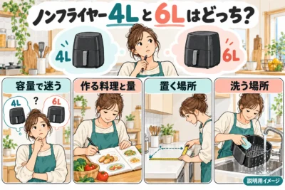 ノンフライヤー4Lと6Lはどっち？人数より一度に作る量と洗い場で選ぶ