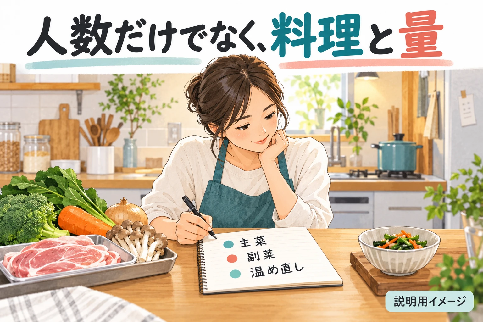 普段作る料理と量をメモする(説明用の生成イメージ)