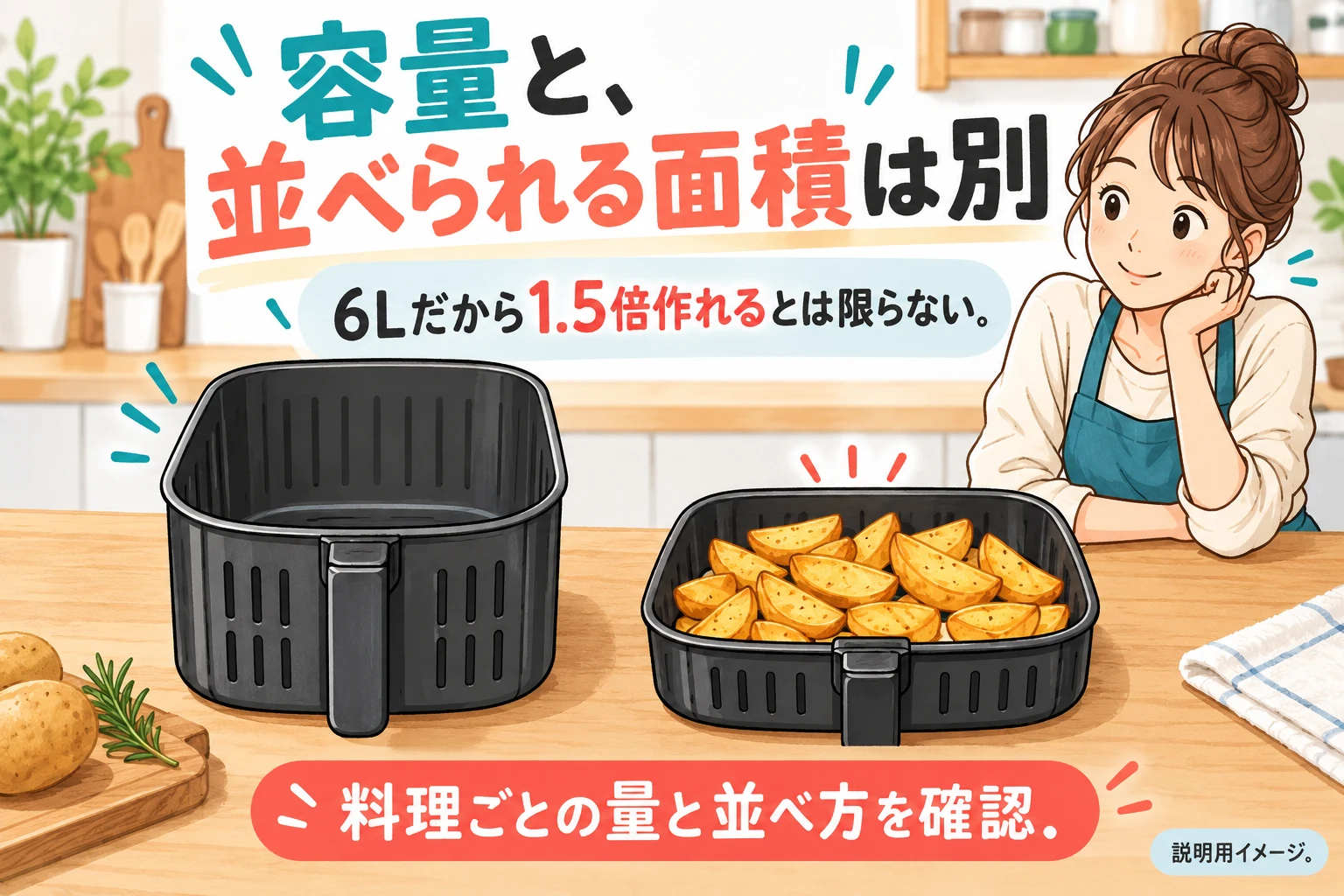 調理容量と並べられる面積の違い(説明用の生成イメージ)