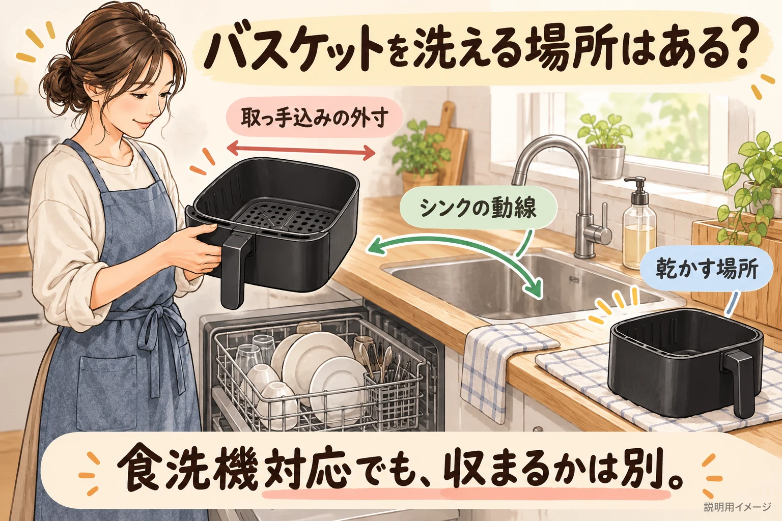 バスケット外寸とシンク・食洗機の条件を確認(説明用の生成イメージ)