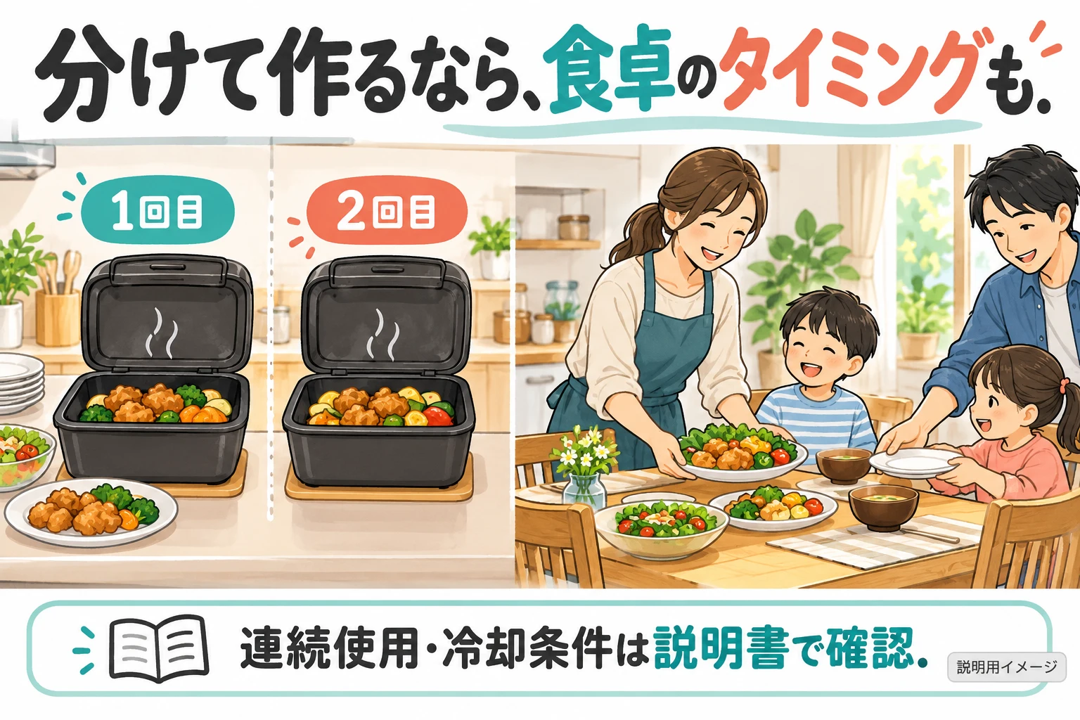 分けて調理する場合の食卓のタイミングを考える(説明用の生成イメージ)