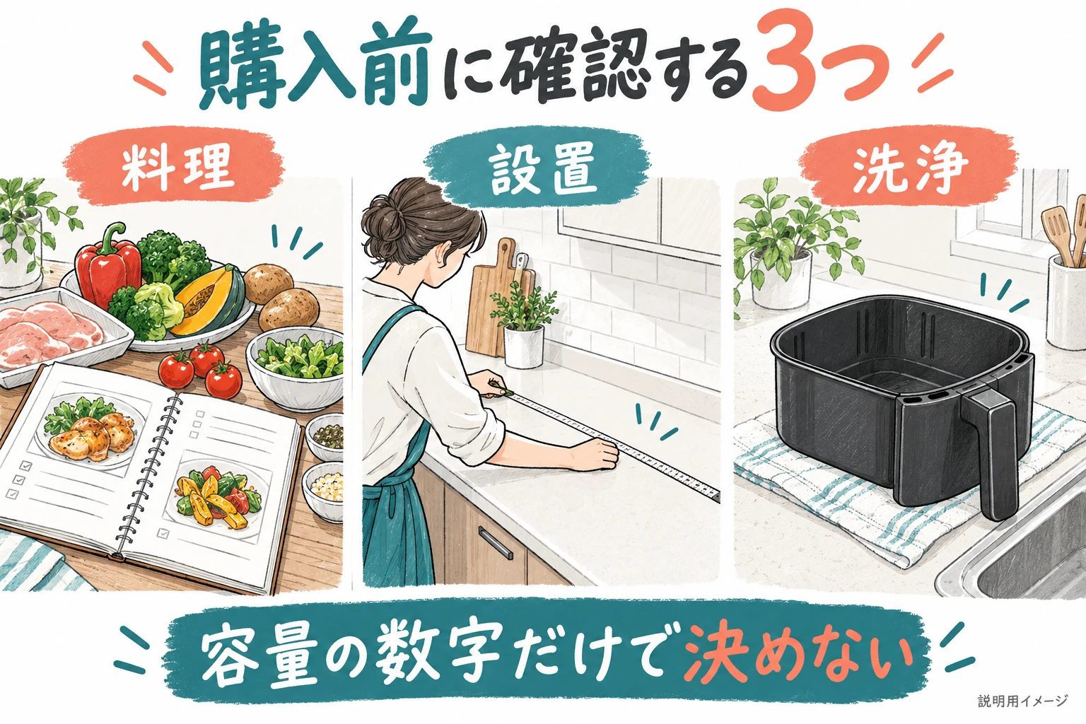 購入前に料理・設置・洗浄の三つを確認(説明用の生成イメージ)