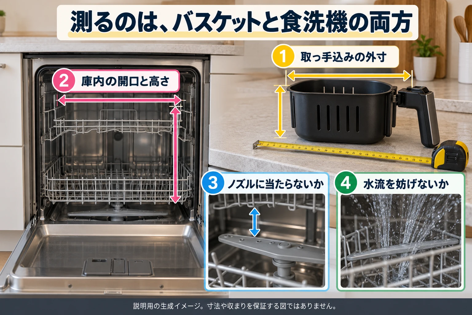 バスケット外寸と食洗機の開口・水流を確認する説明用イメージ