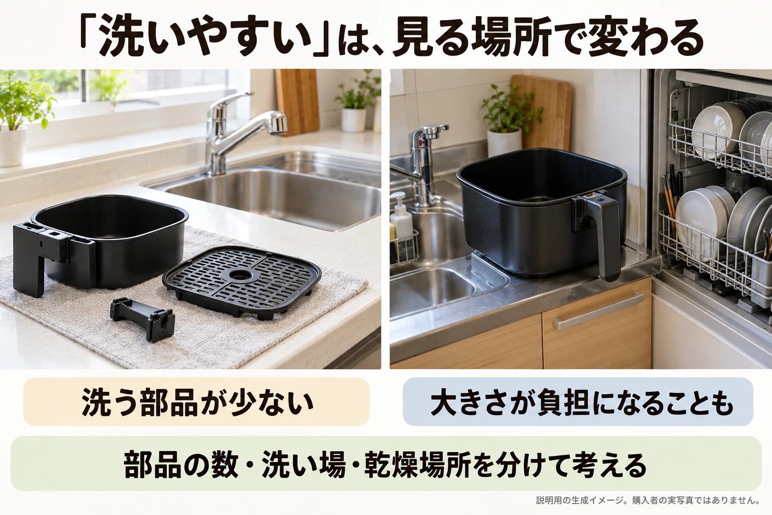 部品の数と洗い場の広さで扱いやすさが変わる説明用イメージ