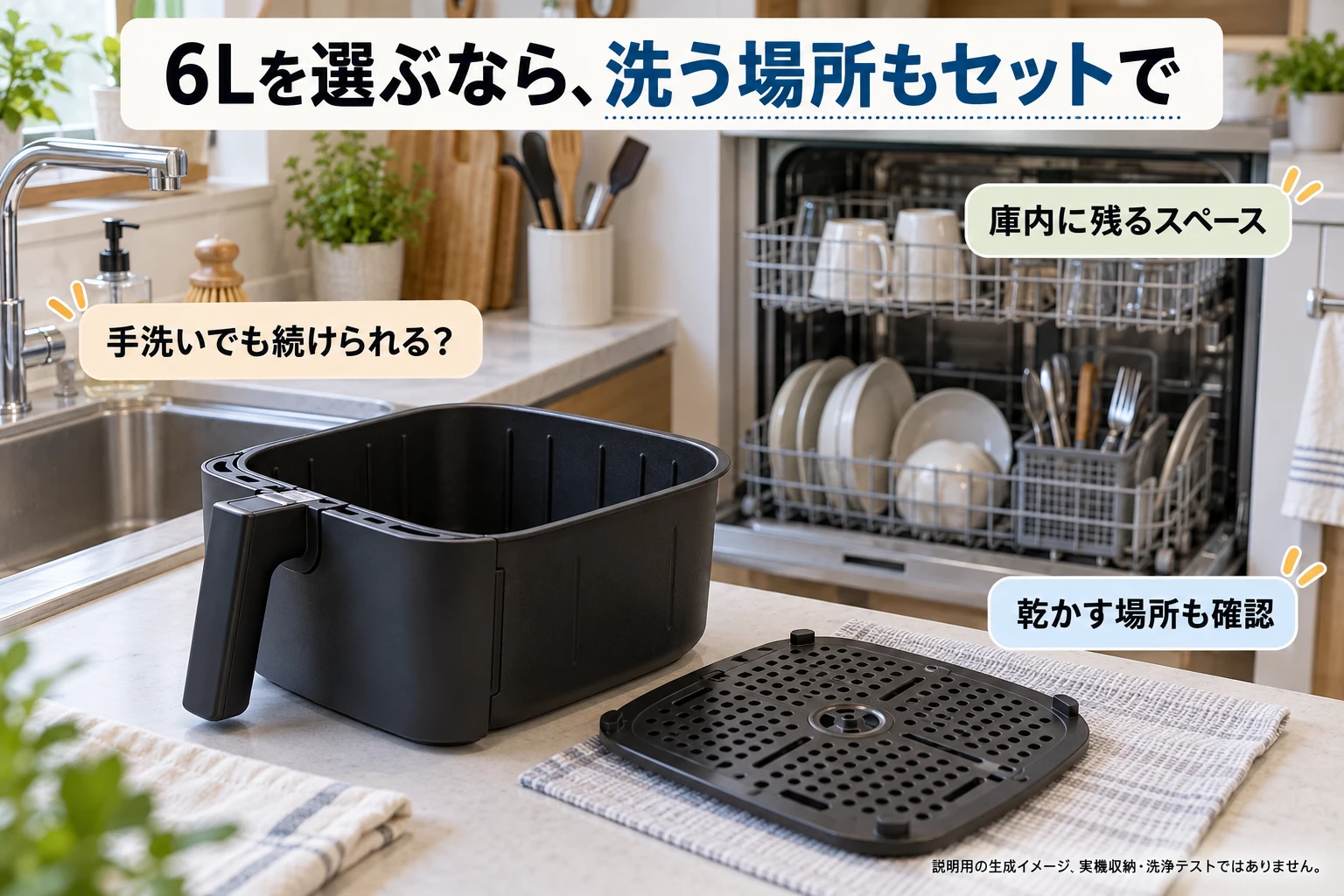 6Lの調理容量とバスケットを洗う場所を分けて考える説明用イメージ