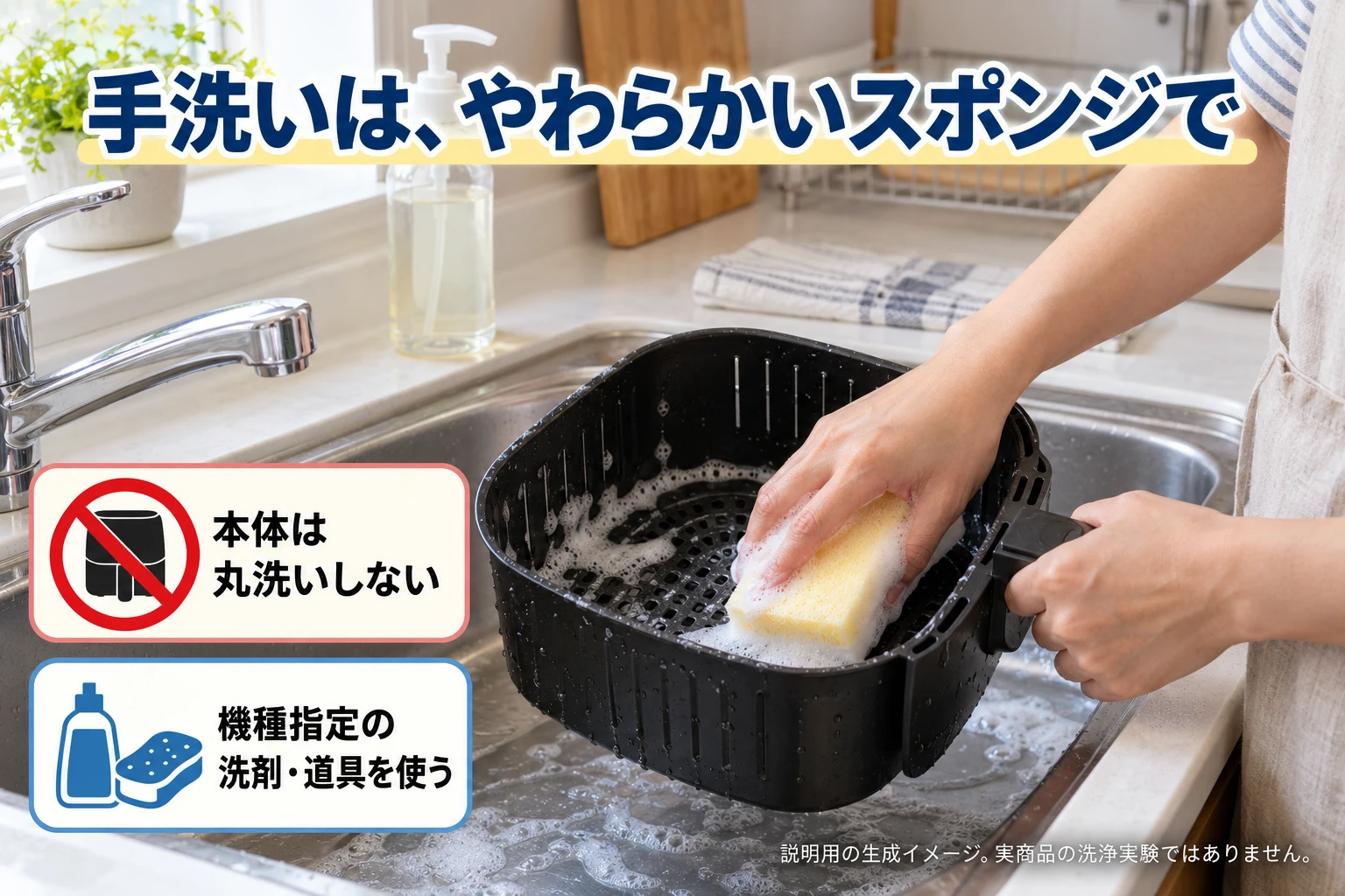 十分に冷めた取り外し部品を柔らかいスポンジで洗う説明用イメージ