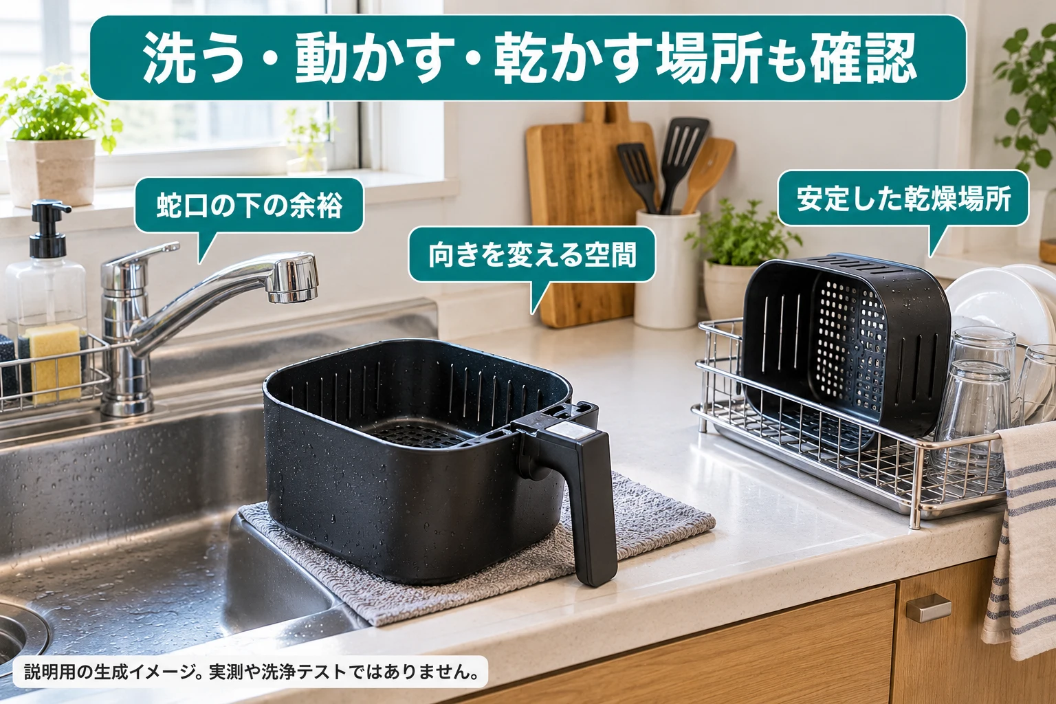 蛇口下と向きを変える空間・乾燥場所を確認する説明用イメージ