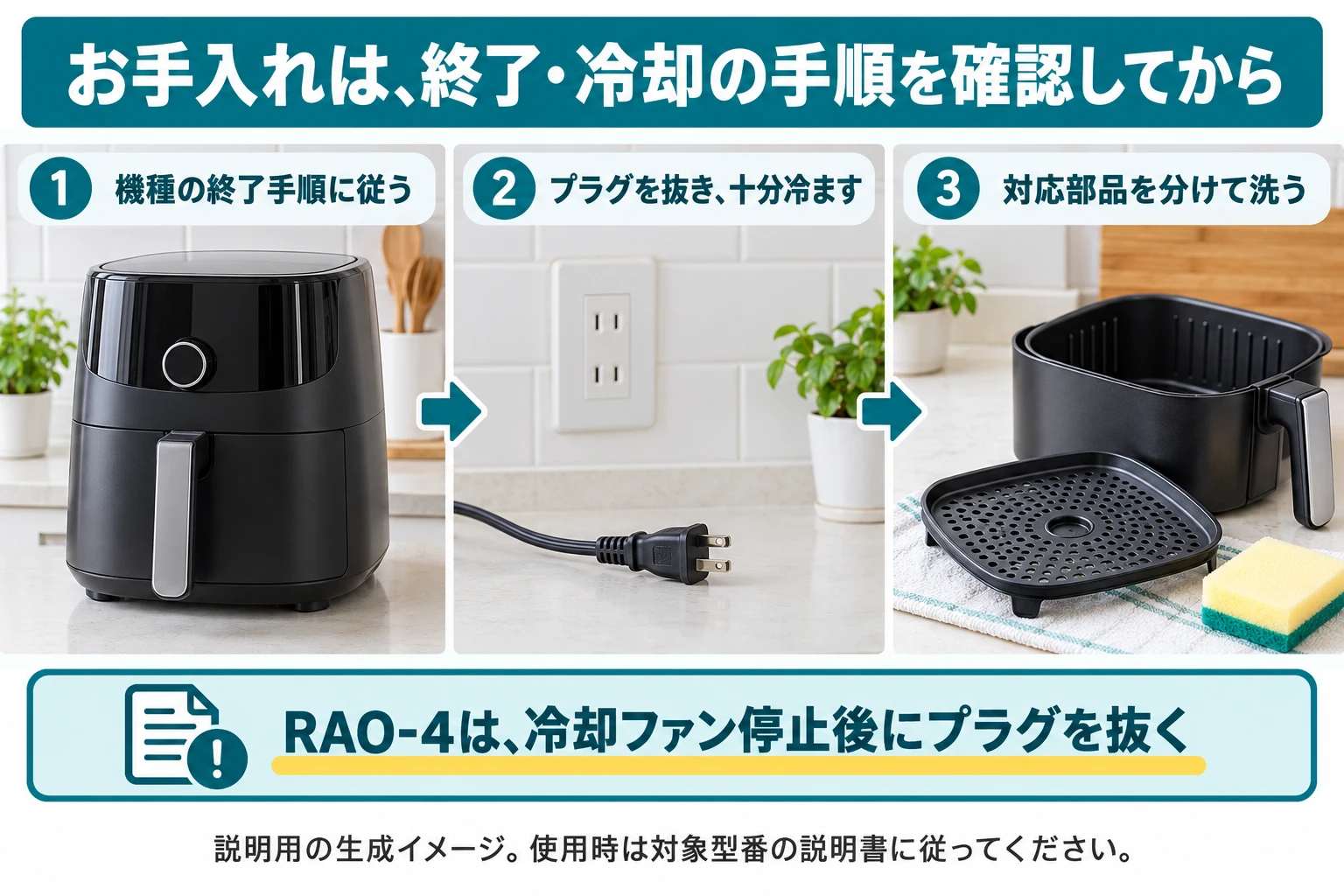 機種の終了・冷却手順に従ってから手入れする説明用イメージ