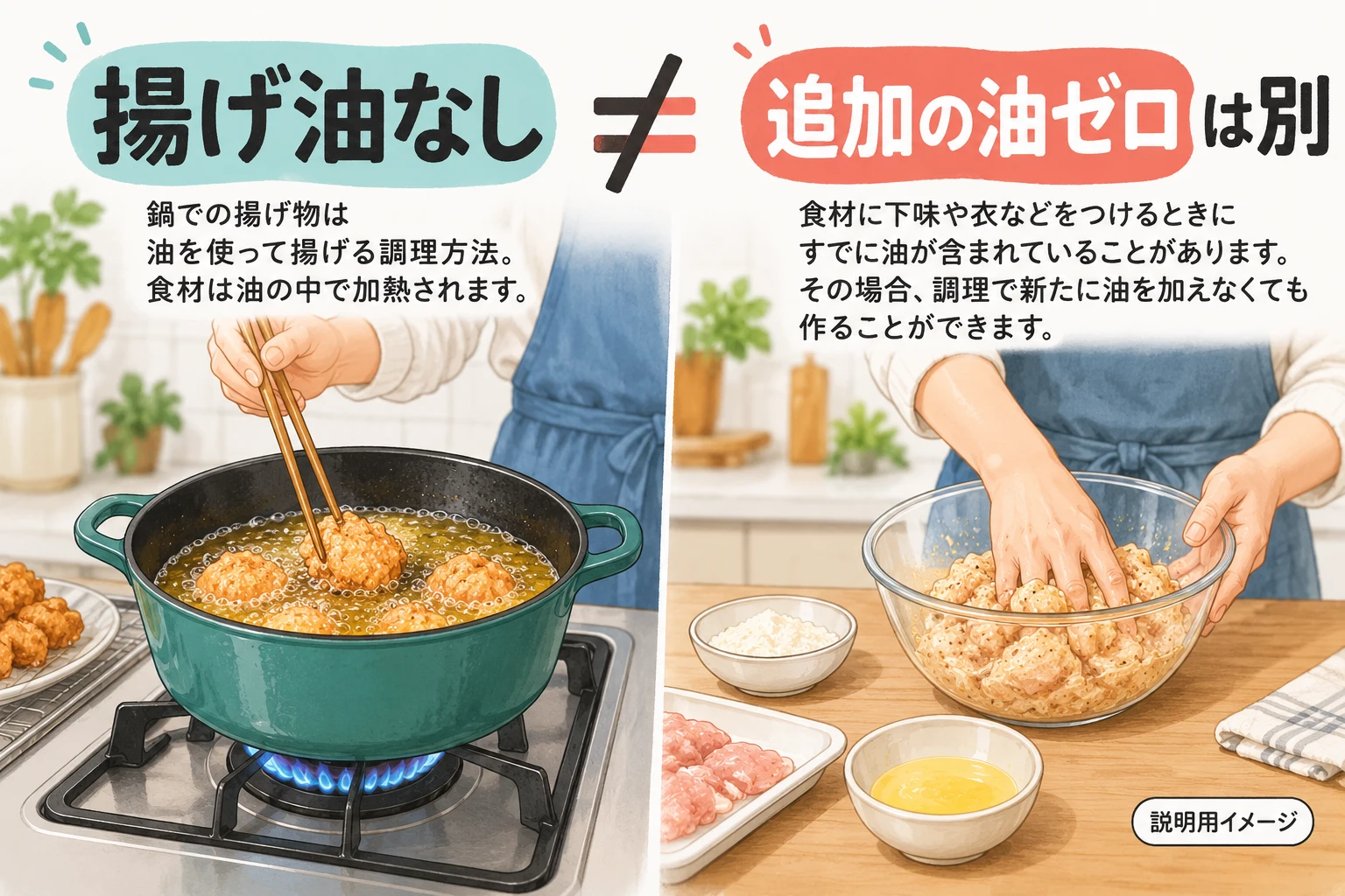 揚げ油なしと追加の油ゼロの違い（説明用の生成イメージ）