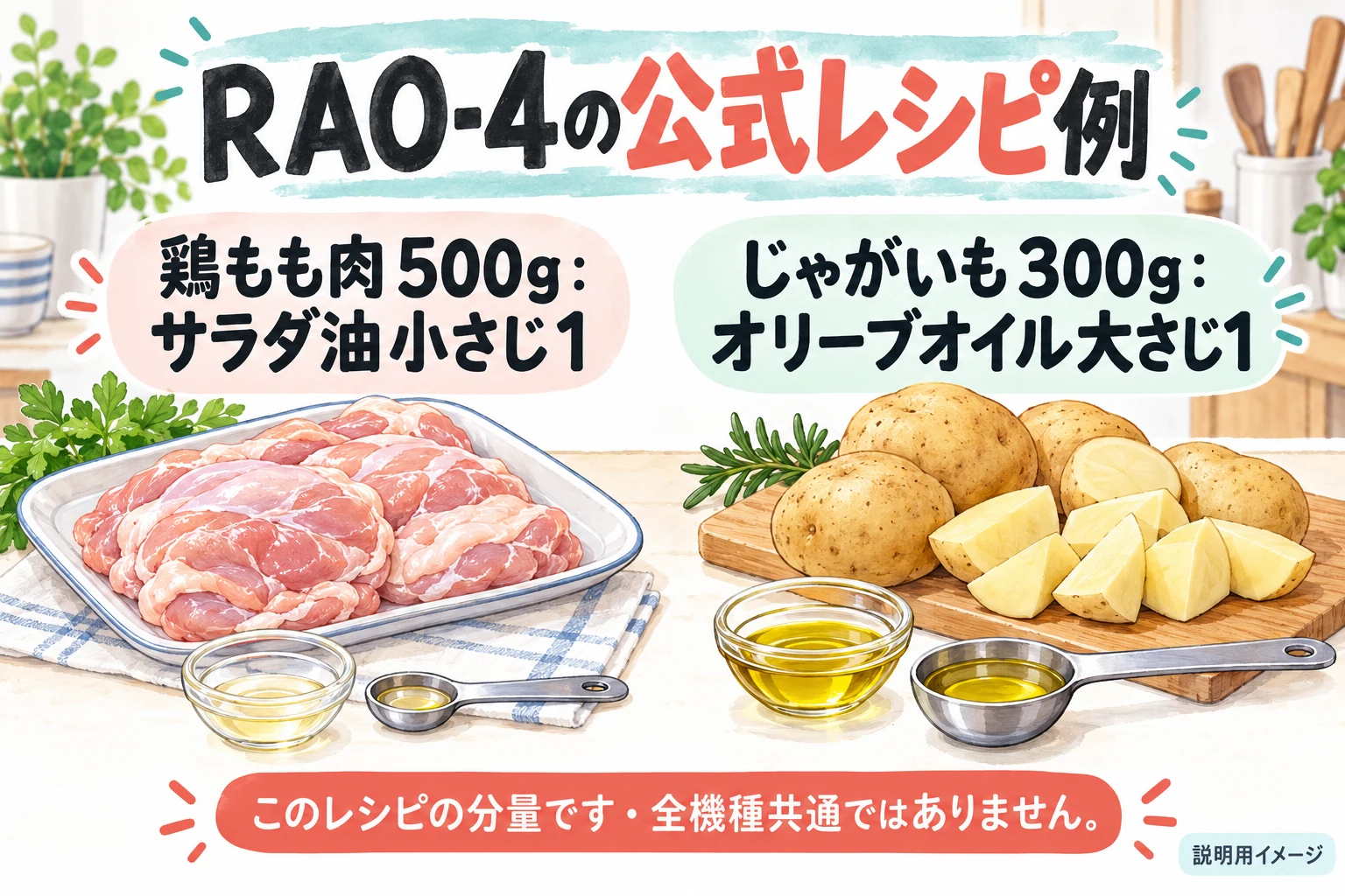 RAO-4公式レシピの材料と油量の例（説明用の生成イメージ）