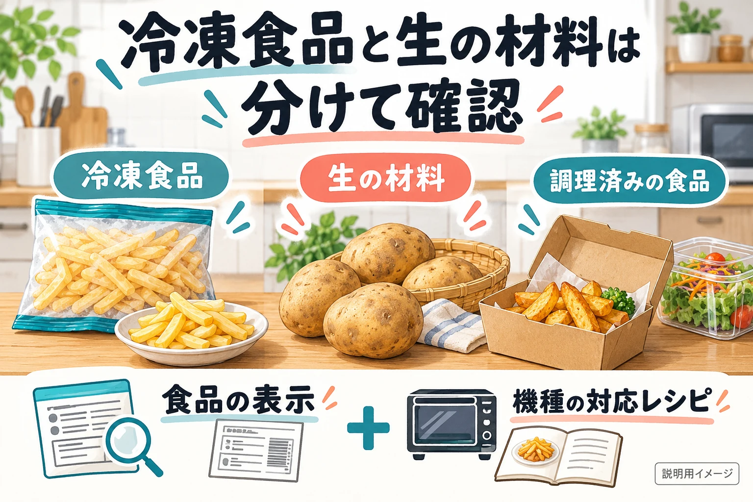 冷凍食品と生の材料の調理条件を別に確認（説明用の生成イメージ）