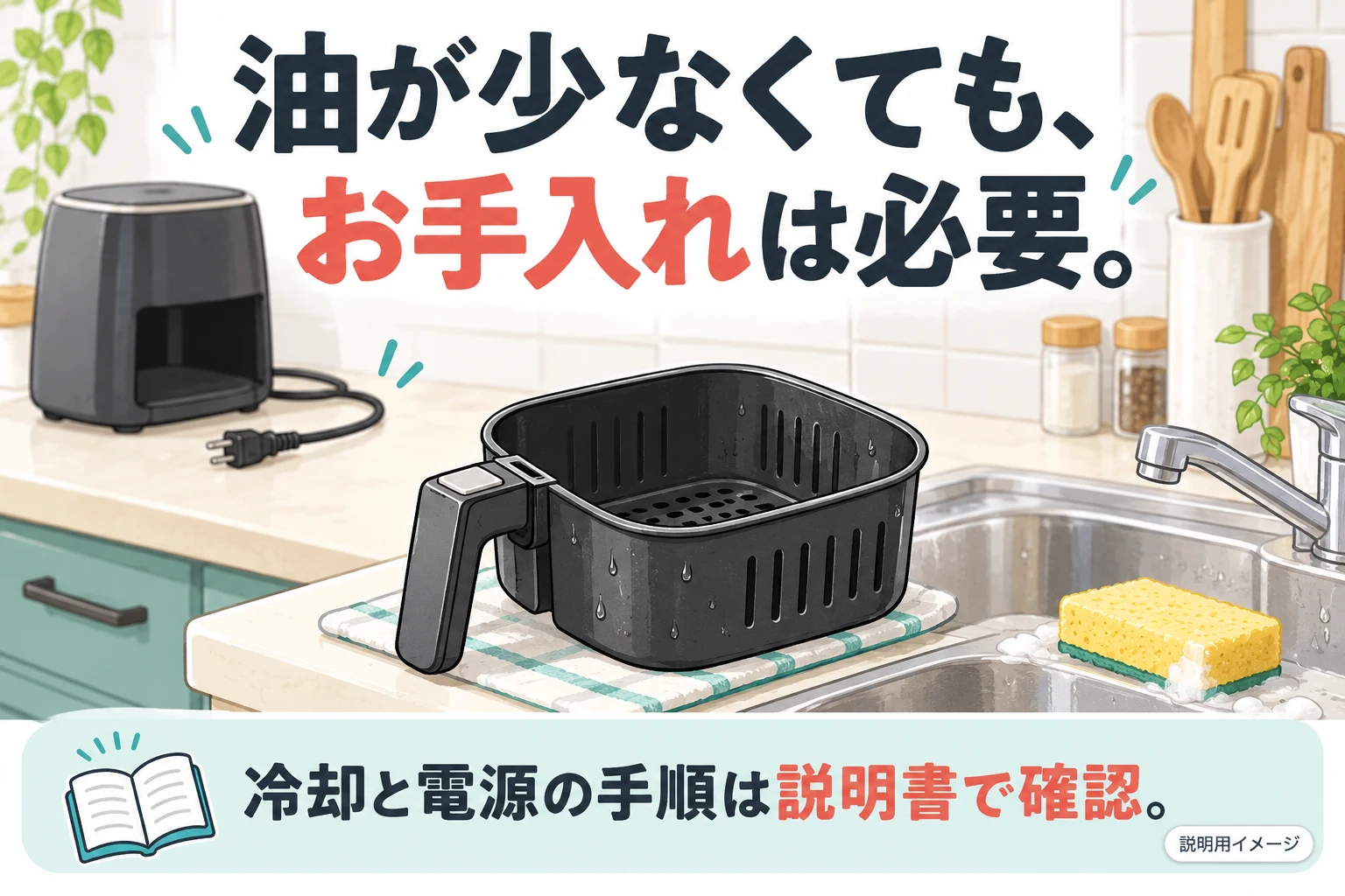 油が少なくても取り外し部品のお手入れは必要（説明用の生成イメージ）