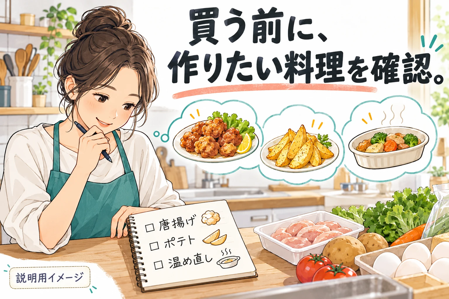 作りたい料理の材料欄を購入前に確認（説明用の生成イメージ）