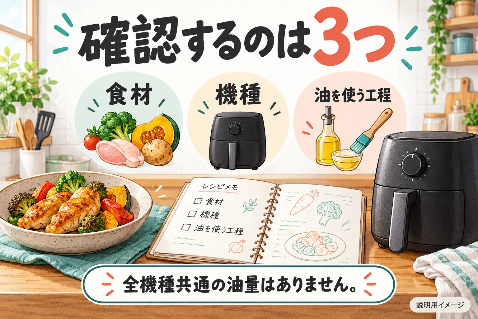 食材・機種・油を使う工程の三つを確認（説明用の生成イメージ）