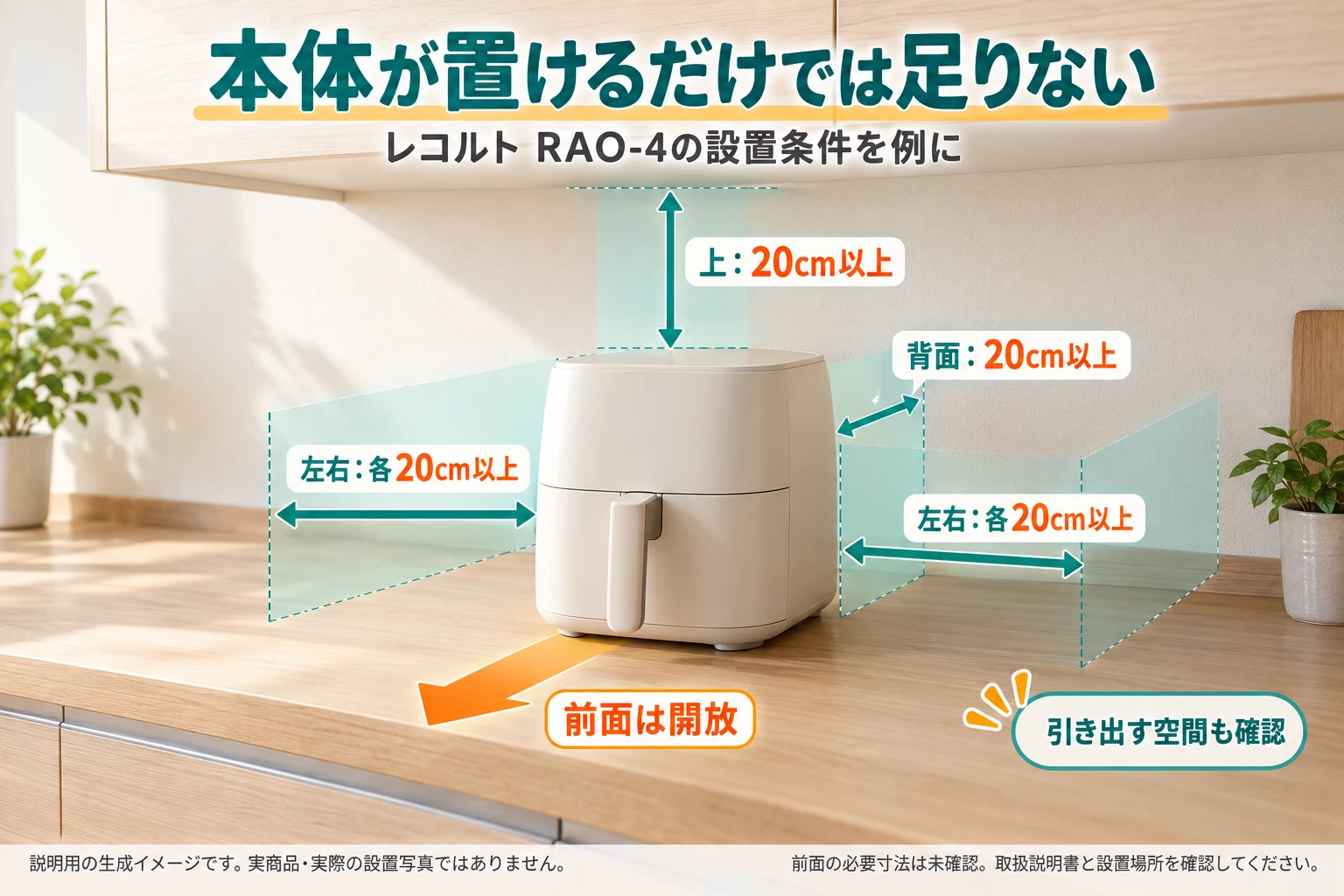 RAO-4の条件を例に上・左右・背面の空間と前面開放を示したキッチンイメージ