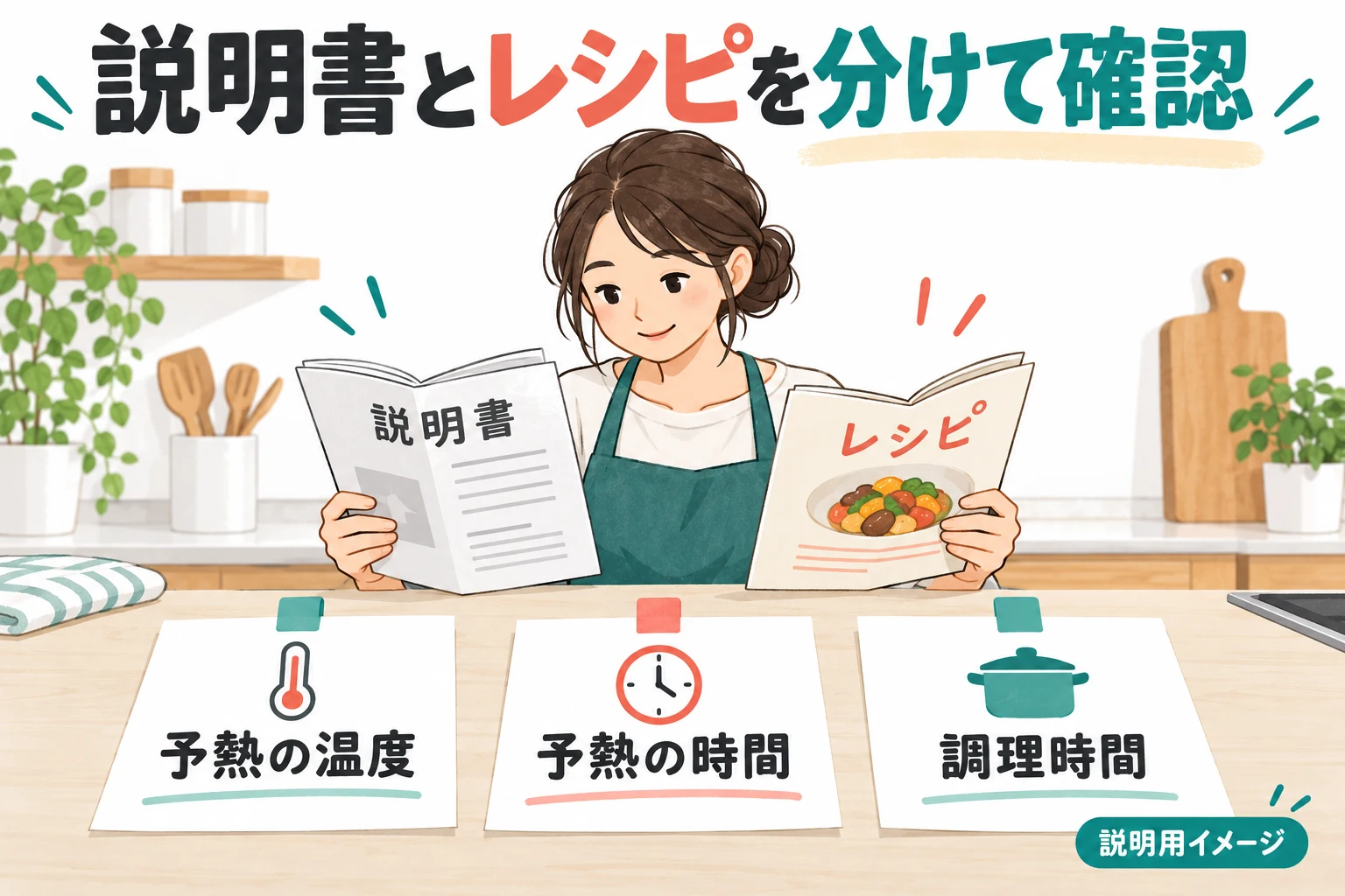 予熱の温度・予熱時間・調理時間を読み分ける（説明用の生成イメージ）
