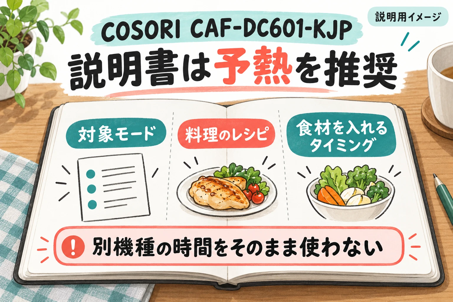COSORI対象型番の説明書で予熱操作を確認（説明用の生成イメージ）