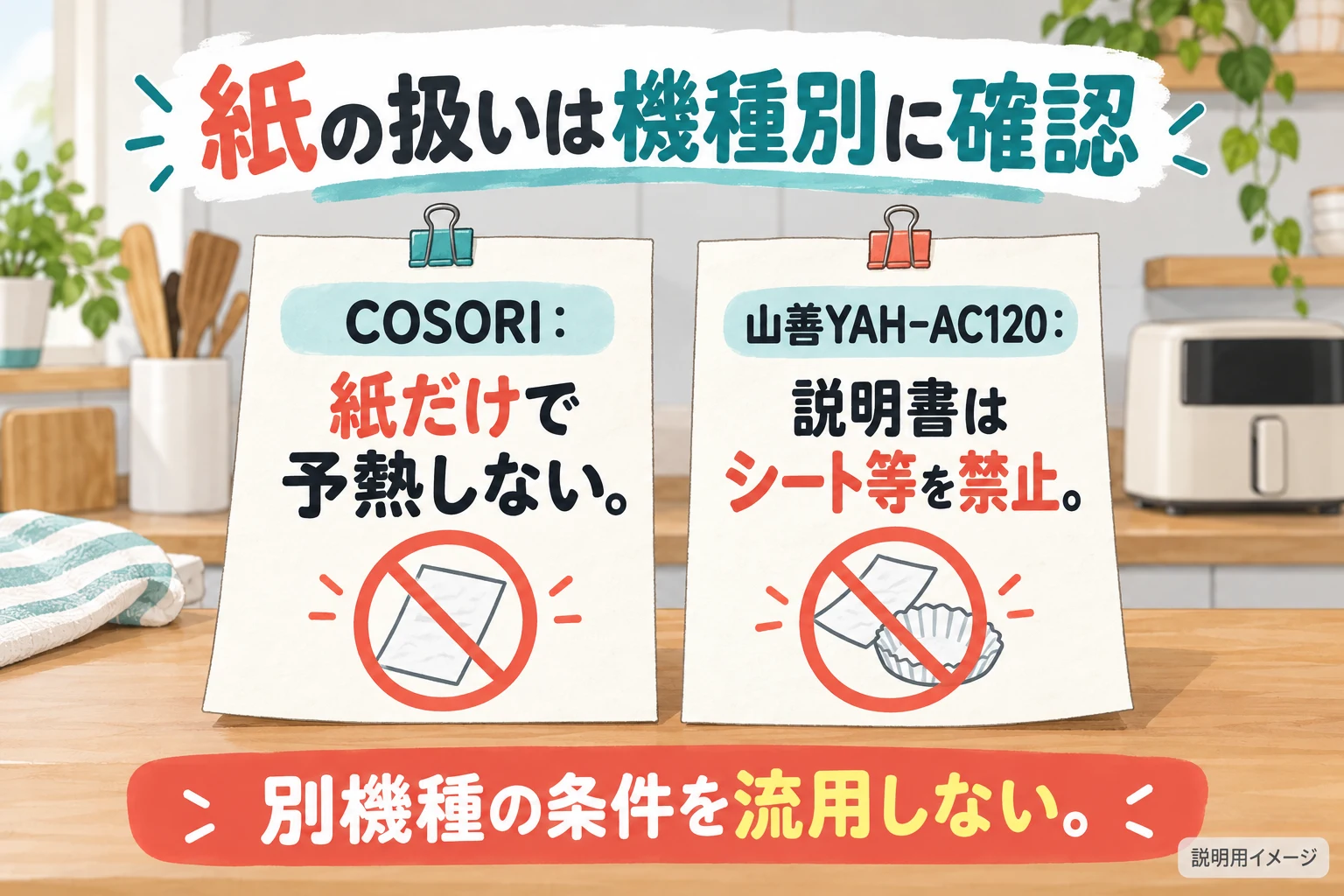 紙の扱いは機種ごとの禁止事項を確認（説明用の生成イメージ）