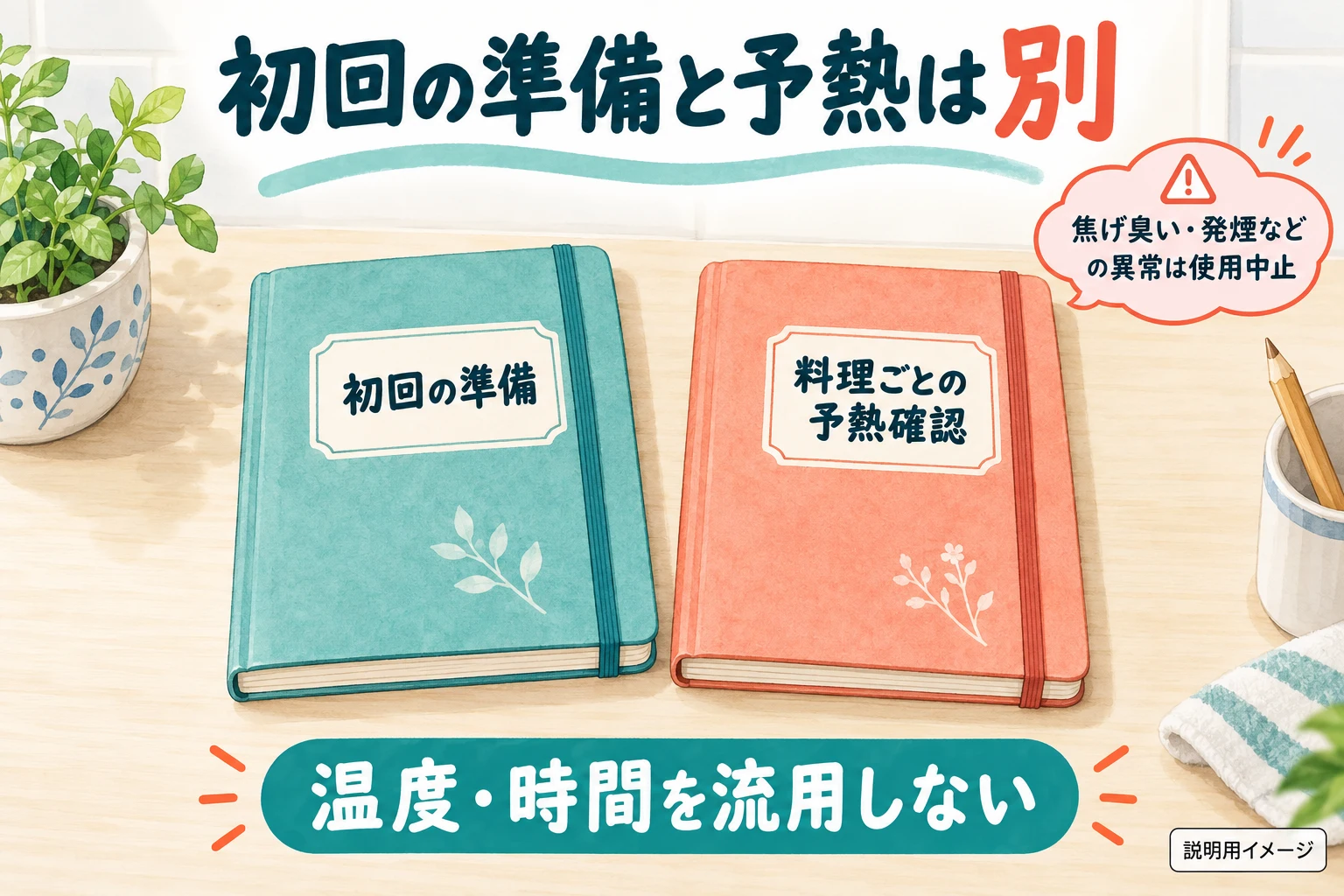 初回の準備と毎回の予熱を区別する（説明用の生成イメージ）