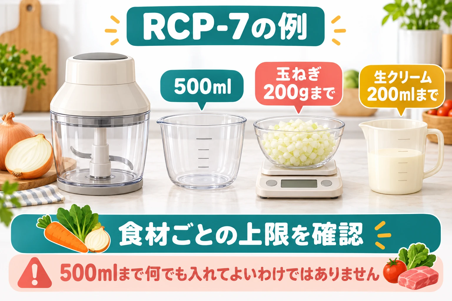 RCP-7の500ml容量と食材別の上限を区別する図