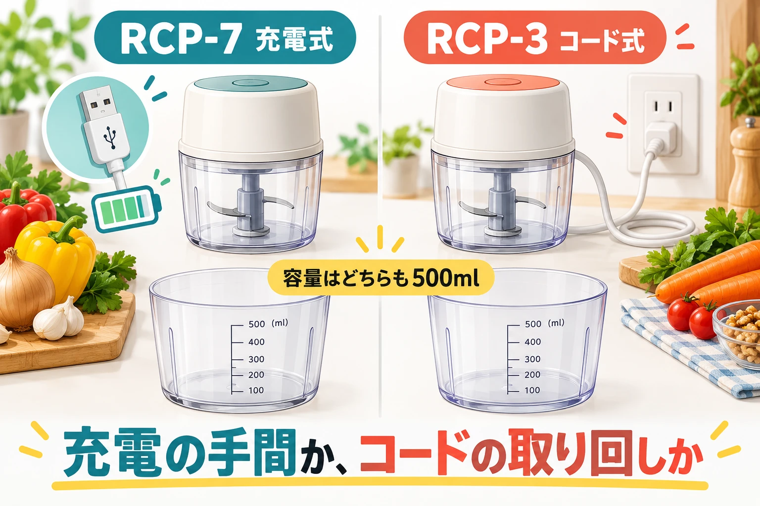 RCP-7の充電式とRCP-3のコード式を比べる説明図