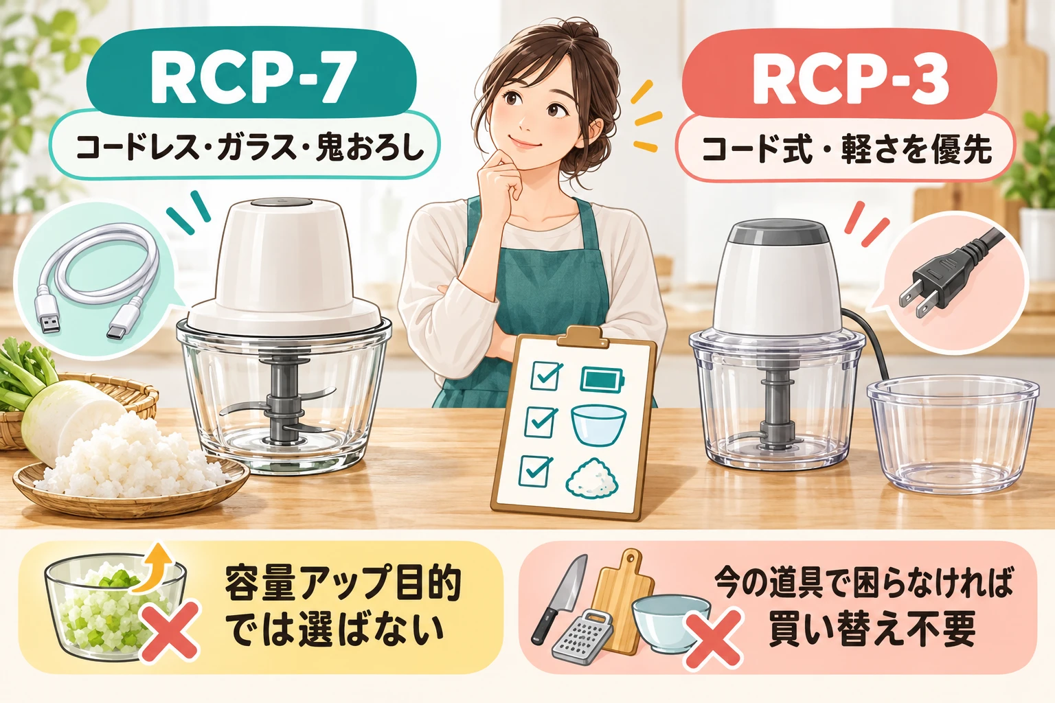 コードレス・ガラス・鬼おろしが必要かで選ぶ図