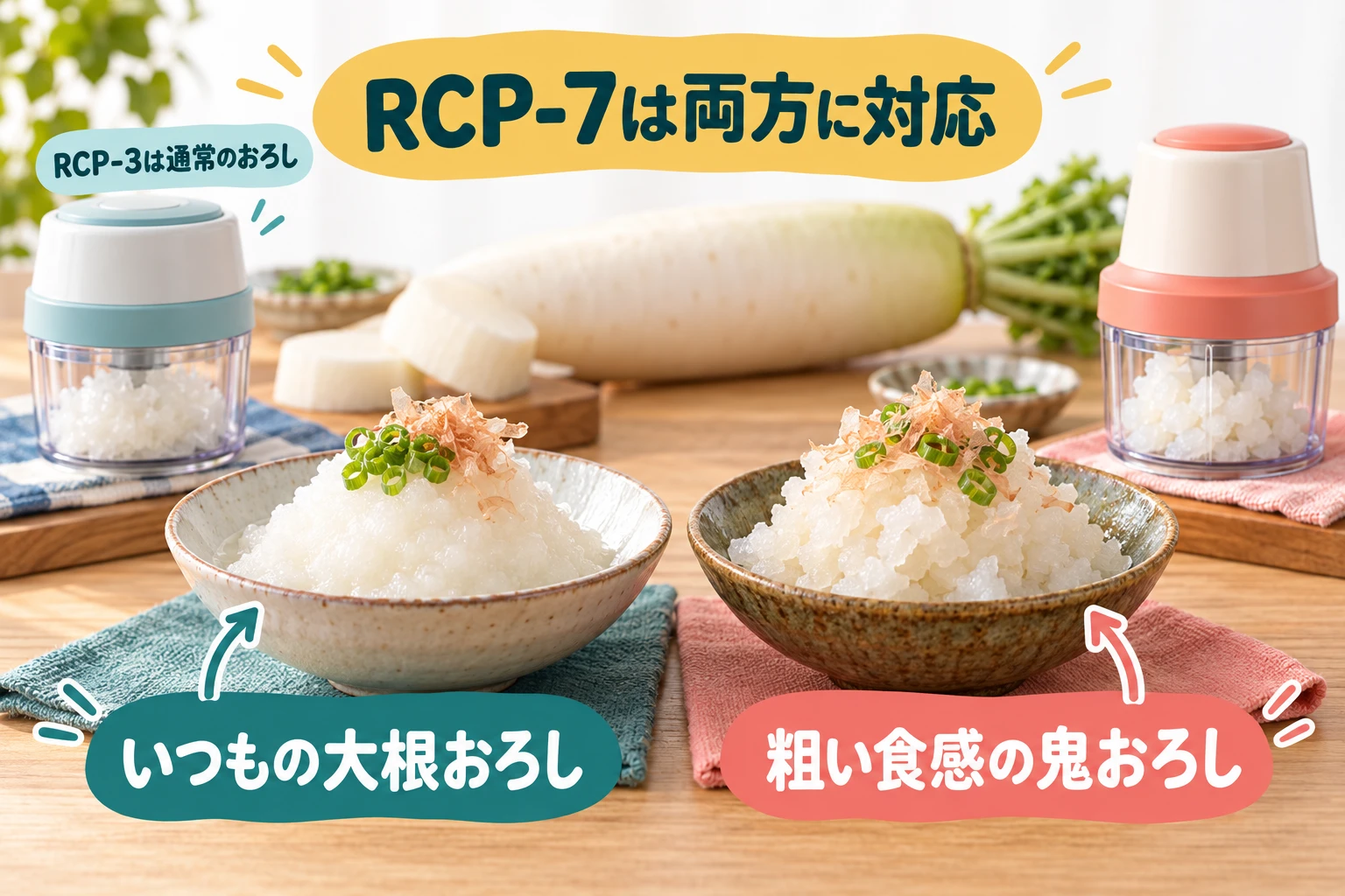 通常の大根おろしと鬼おろしの食感の違いのイメージ