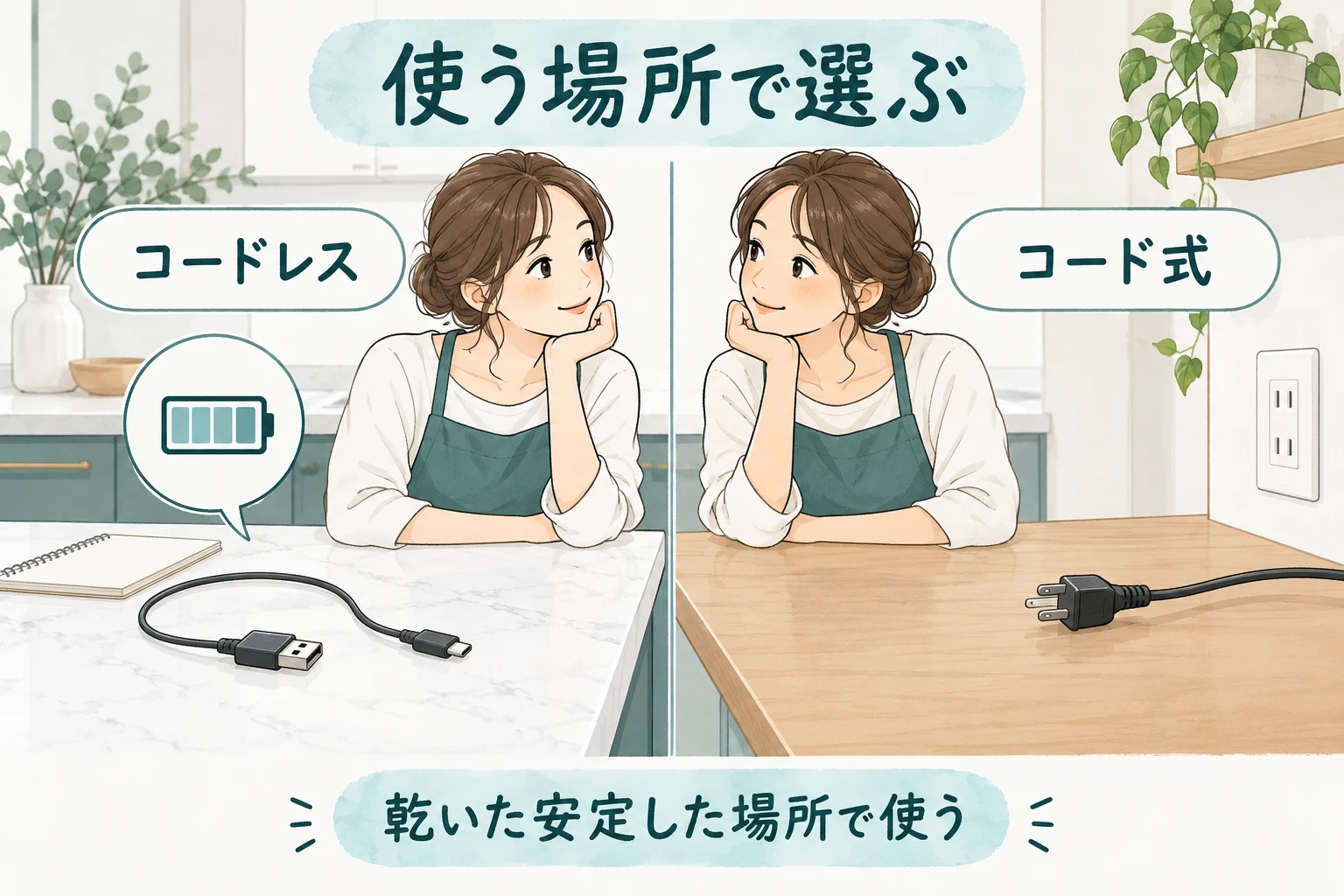 コードレスとコード式の使う場所を考えるイメージ