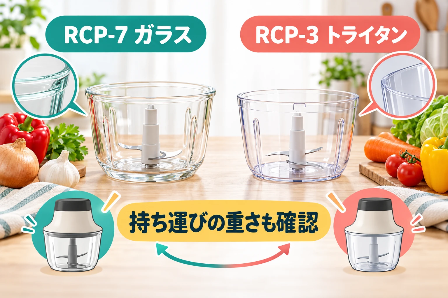 ガラスとトライタンのカップ素材を比べるイメージ