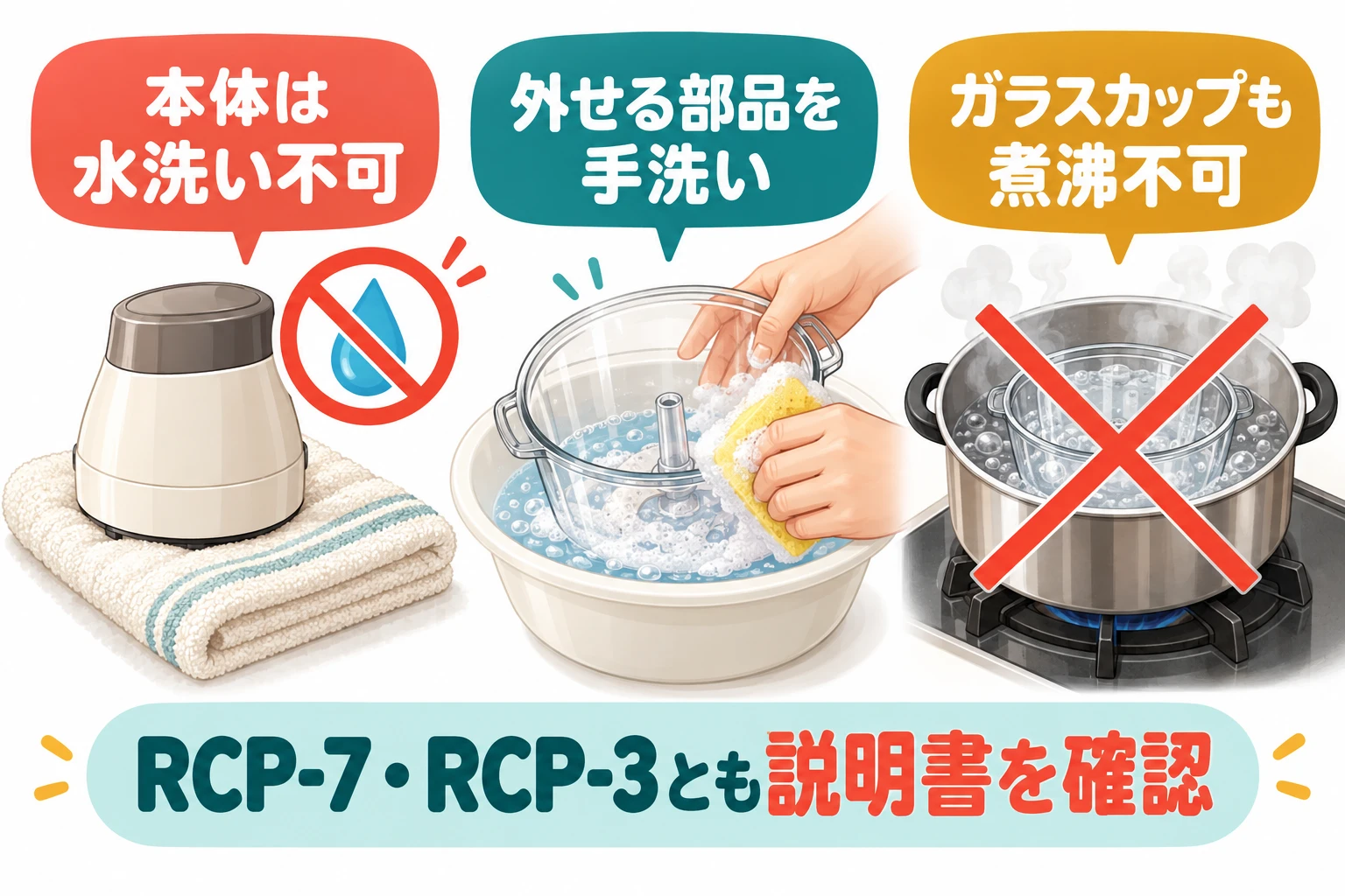 本体は水洗い不可でガラスカップも煮沸できない注意図