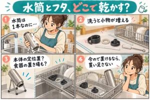 水筒とフタの乾かし場所がない時は？専用スタンドとシンク上ラックを比較