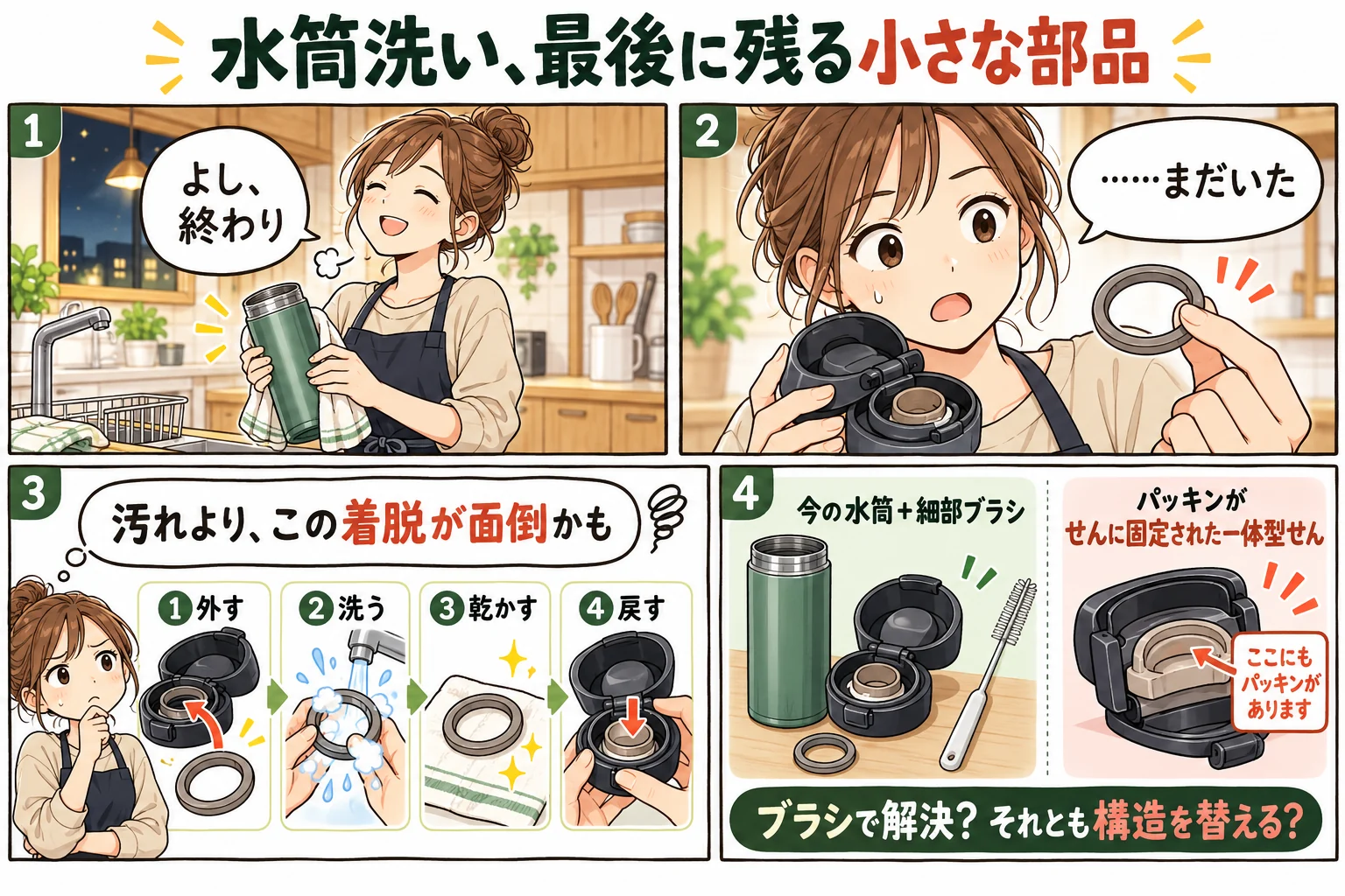 水筒のパッキン一体型は洗いやすい?分解式から替える前の確認点