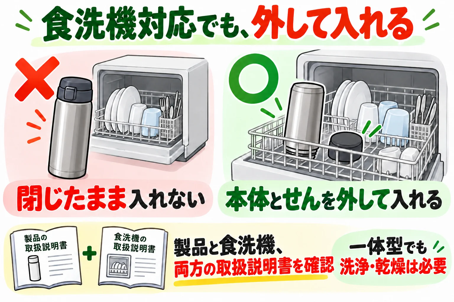 本体とせんを外して食洗機に入れ、両方の説明書を確認する