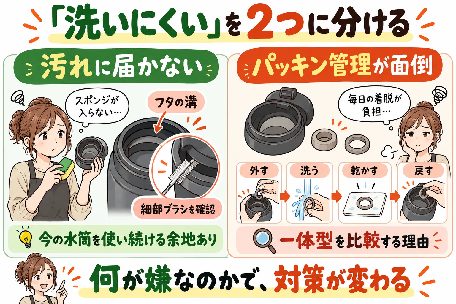 汚れに届かない問題とパッキンを管理する負担を分けて考える