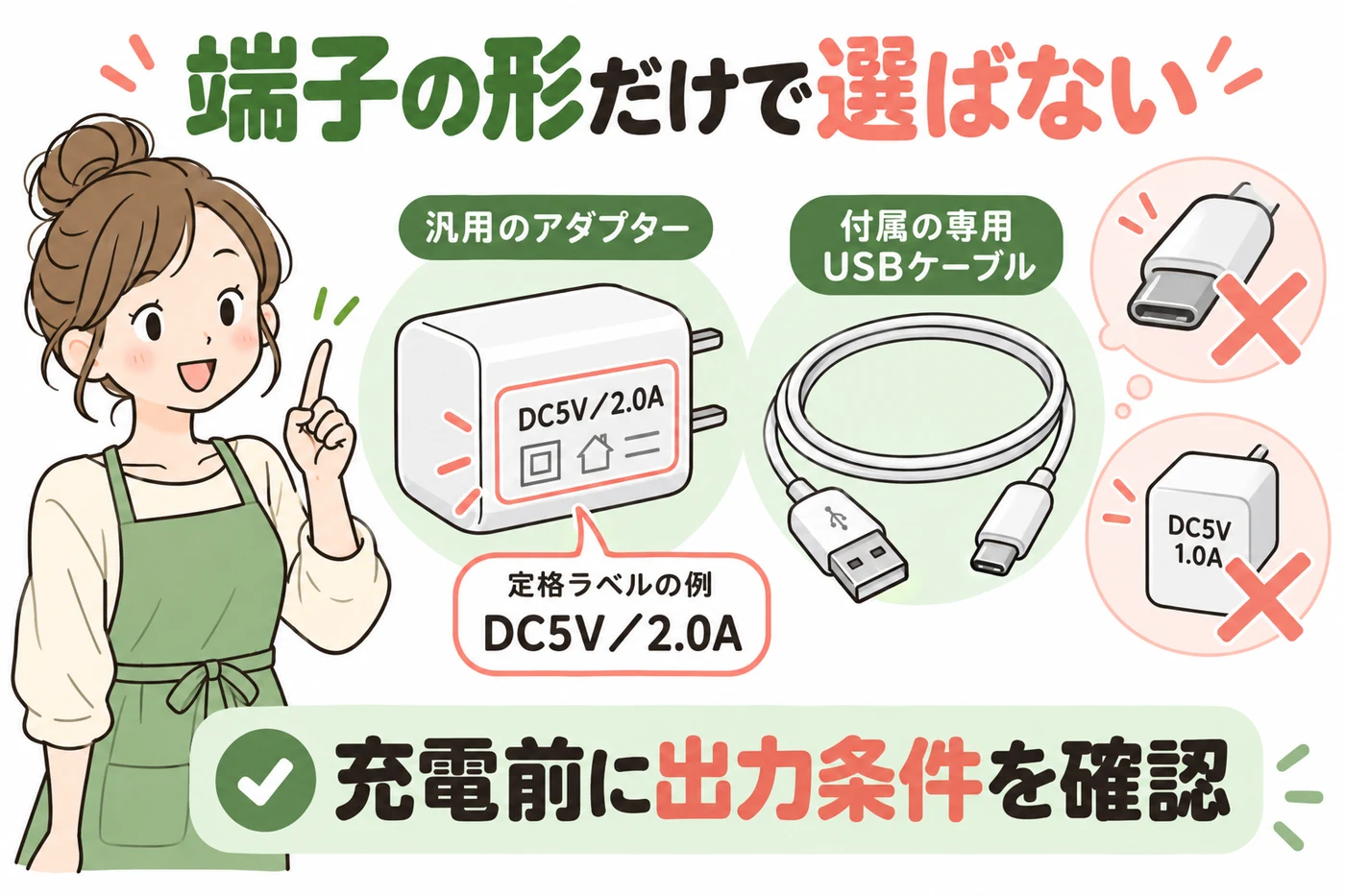 5V2Aと付属ケーブルを確認する説明