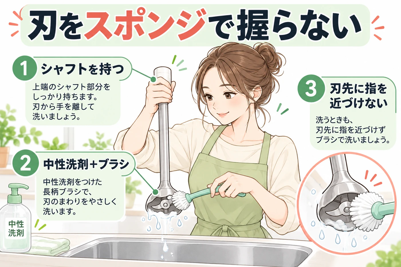 シャフトを持ちブラシで刃を洗う安全説明